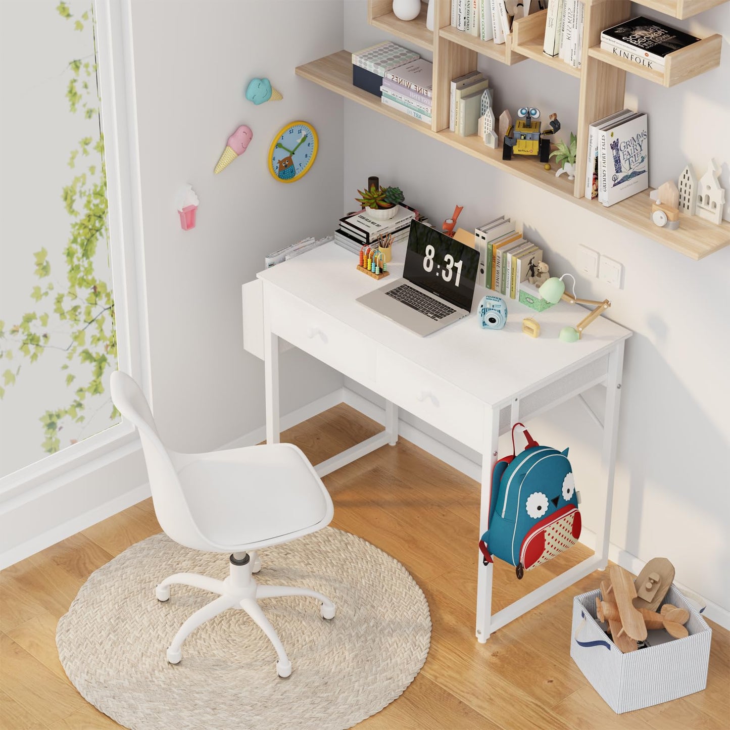 Lufeiya Small White Desk with Drawers - for Bedroom, 32 Inch Home Office Computer Desk with Fabric Storage Drawer and Bag, Study Writing Table for Small Spaces, White