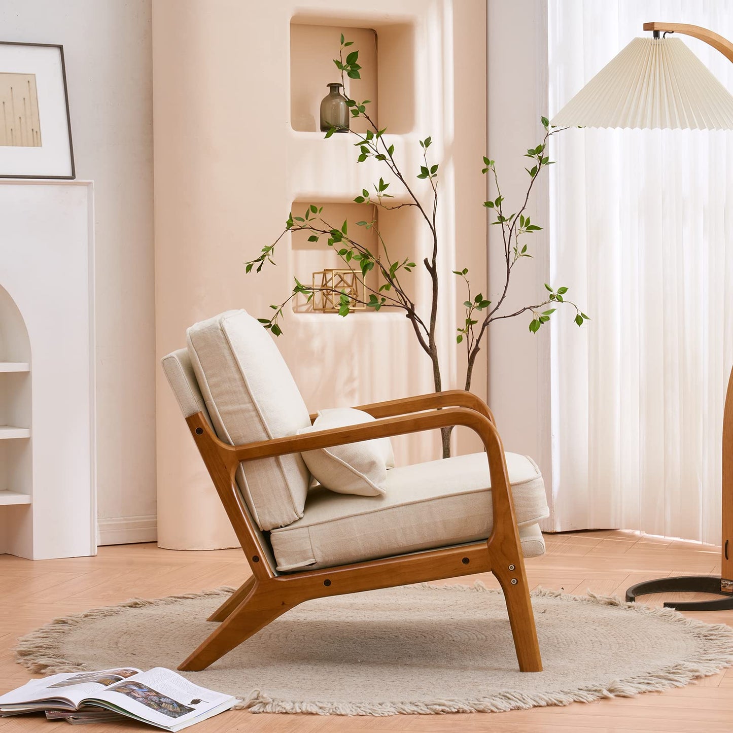 Karl home Accent Chair Set Mid-Century Modern Chair with Pillow Upholstered Lounge Arm Chair with Solid Wood Frame & Soft Cushion for Living Room, Bedroom, Belcony, Beige