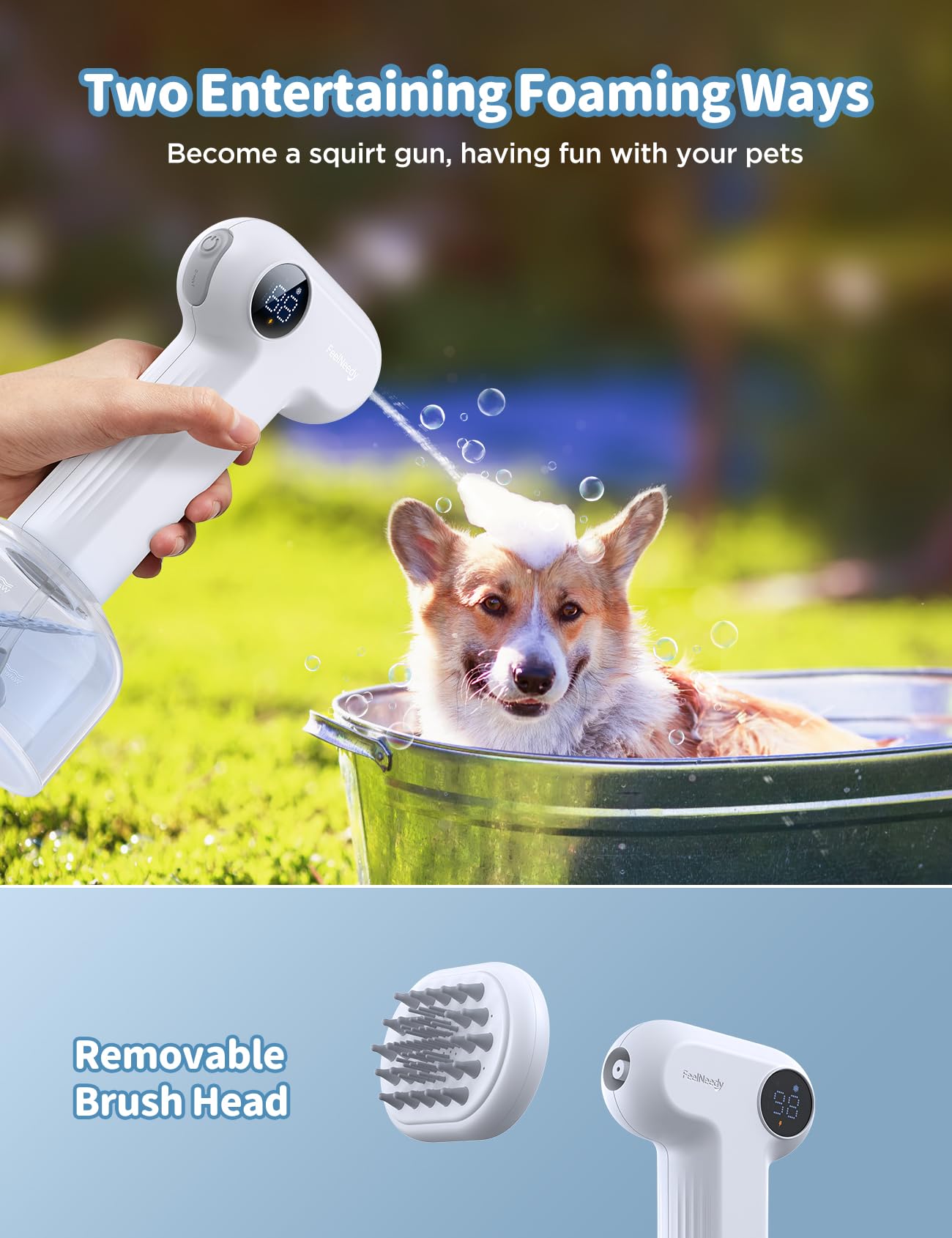 FEELNEEDY Automatic Foaming Soap Dog Bath Brush, Foaming Dispenser with Soft Silicone Massage Dog Shampoo Brush, One-click Deep Cleaning Dog Washing Brush for Short and Long Haired Pet, White