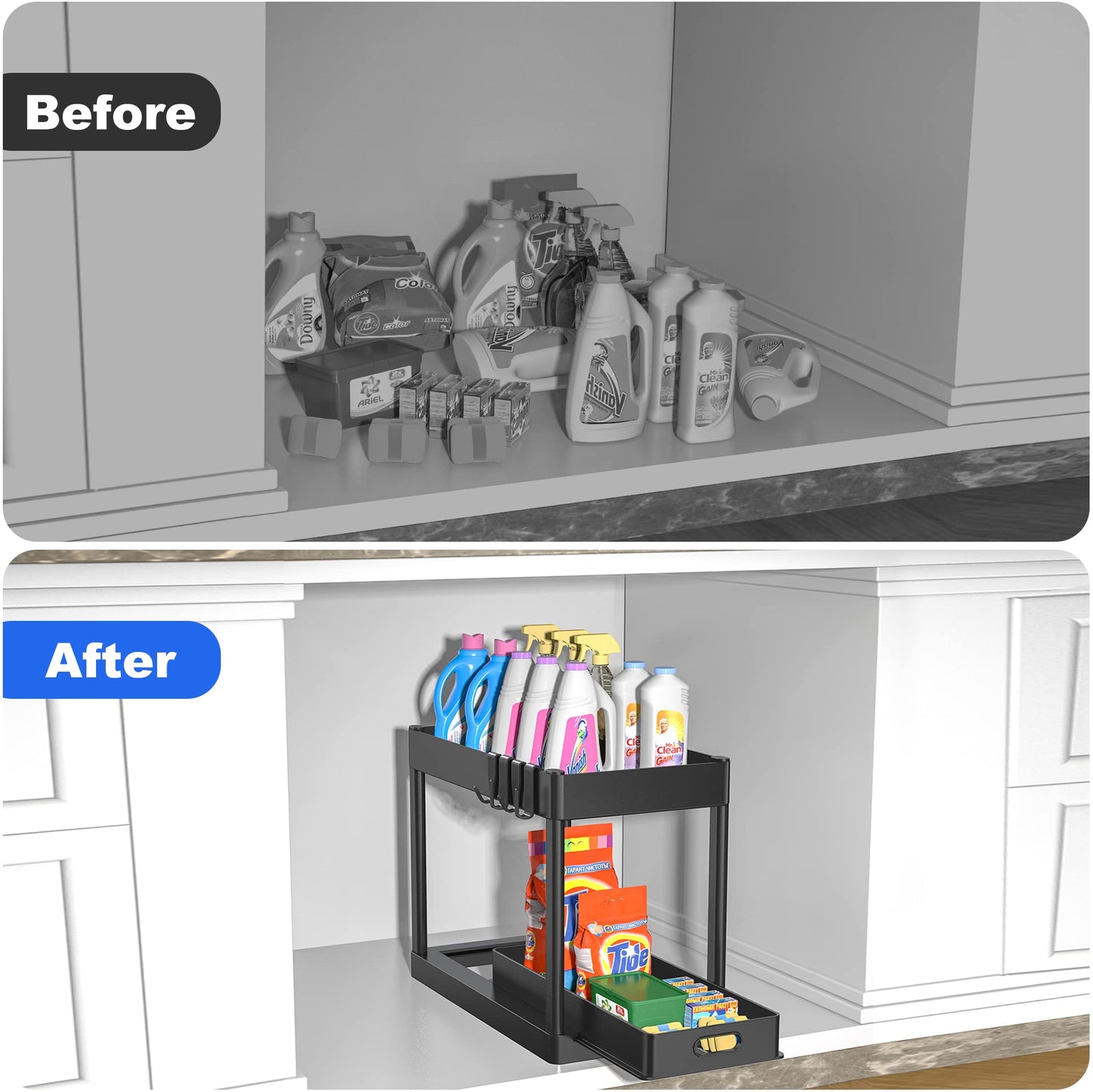 POUGNY 2PC Under Sink Organizer Rack 2 Tier Under Sliding Cabinet Basket Organizer Drawer with 4 Hooks, Multi-purpose Under Sink Storage for Bathroom Kitchen Desktop(Black)