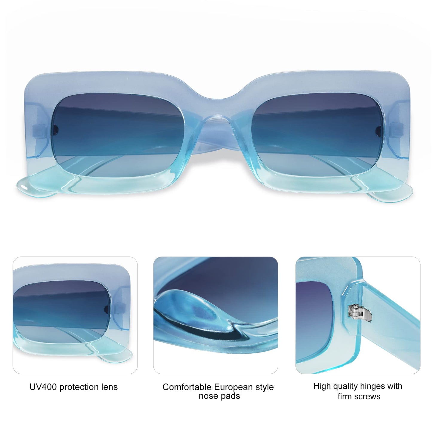 SOJOS Retro 90s Nude Rectangle Sunglasses For Women Trendy Chunky Glasses Gradient Blue Frame Blue Lens