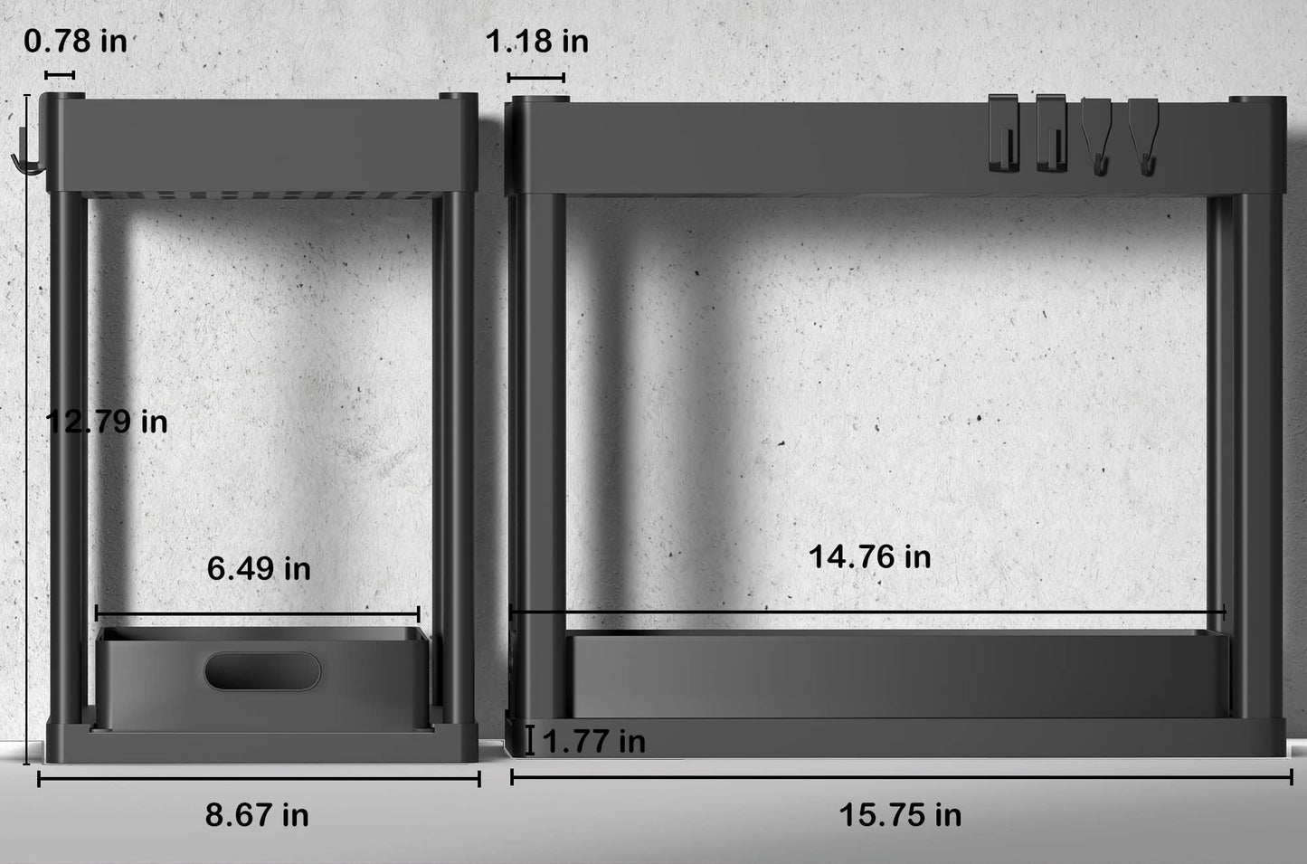 POUGNY 2PC Under Sink Organizer Rack 2 Tier Under Sliding Cabinet Basket Organizer Drawer with 4 Hooks, Multi-purpose Under Sink Storage for Bathroom Kitchen Desktop(Black)