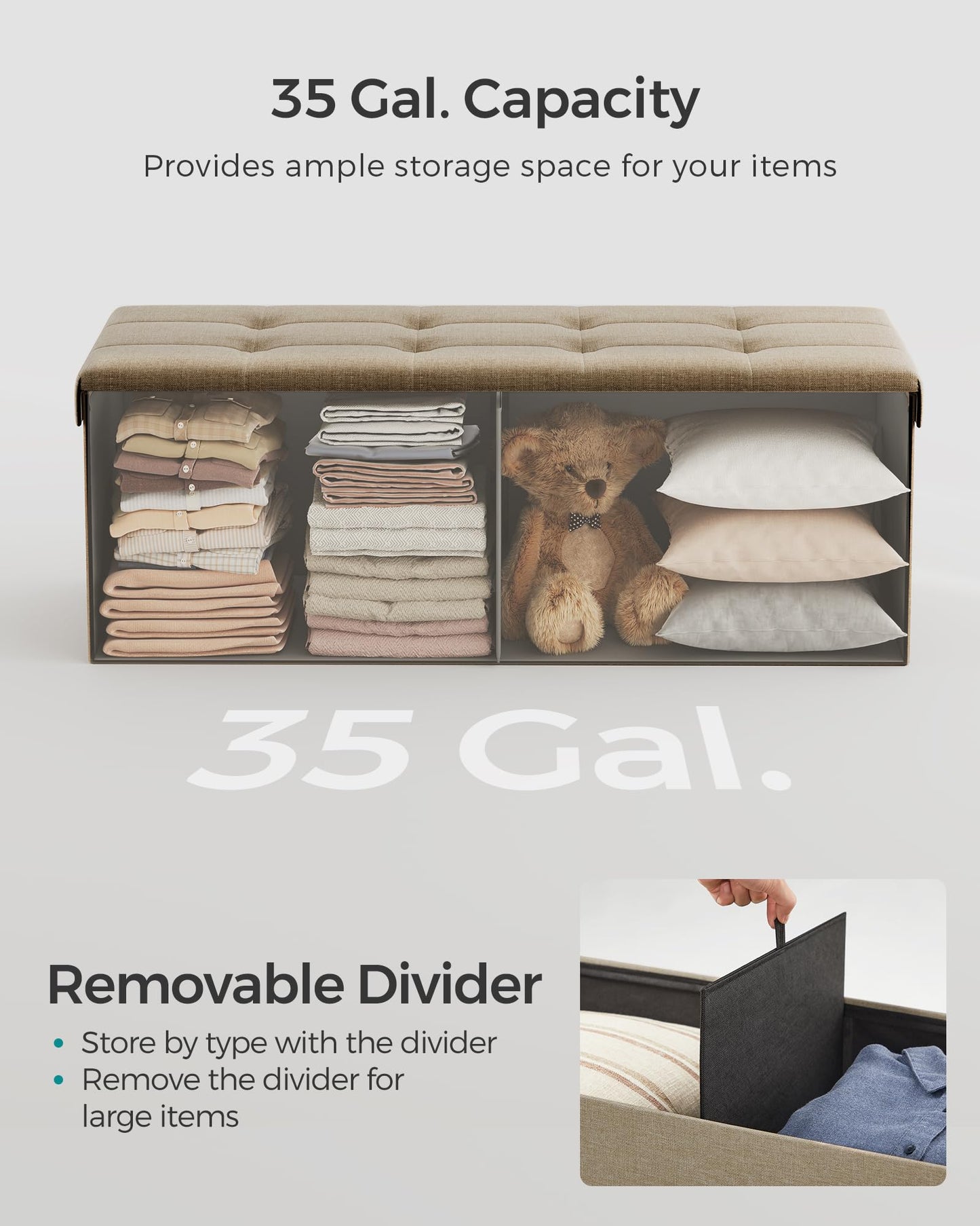 SONGMICS 43 Inches Folding Storage Ottoman Bench, Storage Chest, Foot Rest Stool, Bedroom Bench with Storage, Light Taupe ULSF077R01