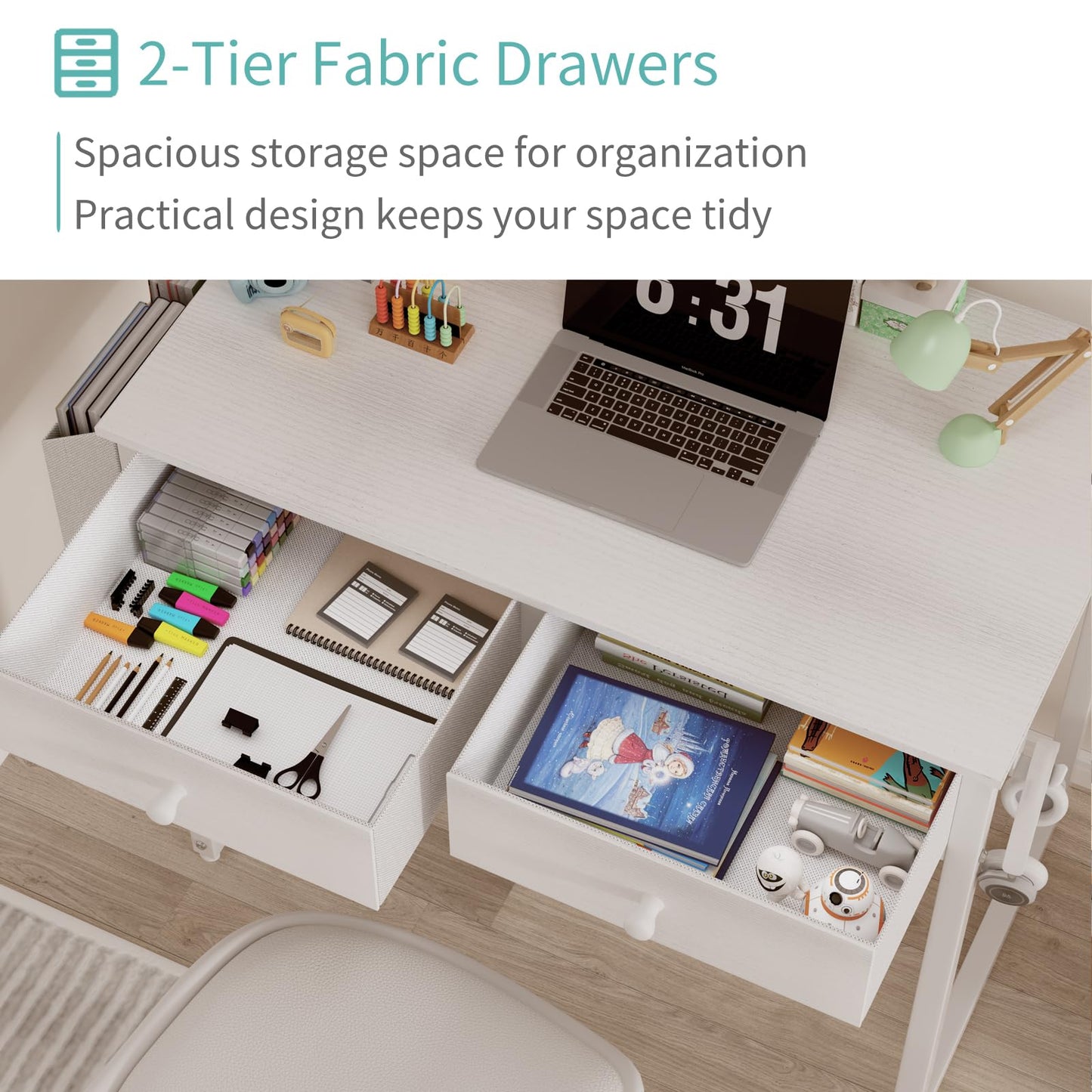 Lufeiya Small White Desk with Drawers - for Bedroom, 32 Inch Home Office Computer Desk with Fabric Storage Drawer and Bag, Study Writing Table for Small Spaces, White