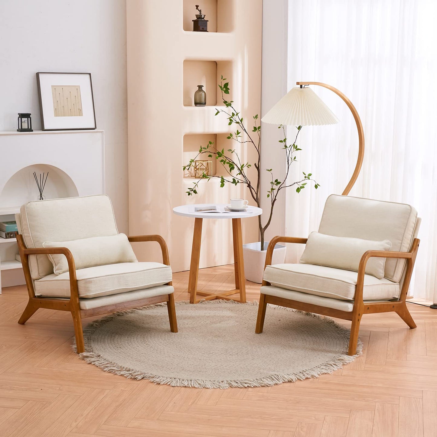 Karl home Accent Chair Set Mid-Century Modern Chair with Pillow Upholstered Lounge Arm Chair with Solid Wood Frame & Soft Cushion for Living Room, Bedroom, Belcony, Beige