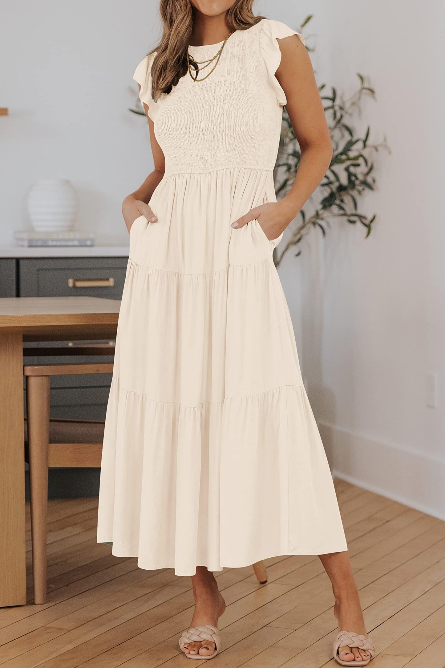 ZESICA Women's 2024 Summer Casual Flutter Short Sleeve Crew Neck Smocked Elastic Waist Tiered Midi Dress,Apricot,X-Small