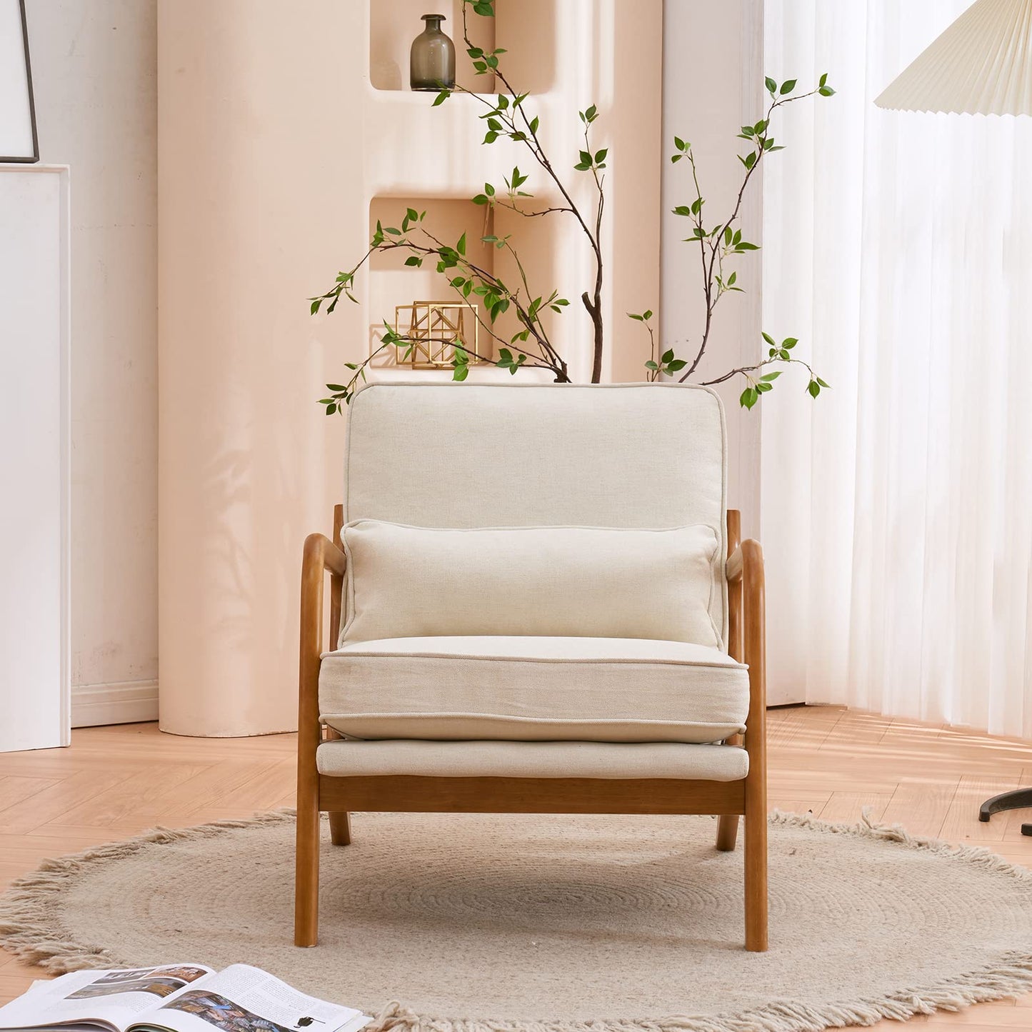 Karl home Accent Chair Set Mid-Century Modern Chair with Pillow Upholstered Lounge Arm Chair with Solid Wood Frame & Soft Cushion for Living Room, Bedroom, Belcony, Beige