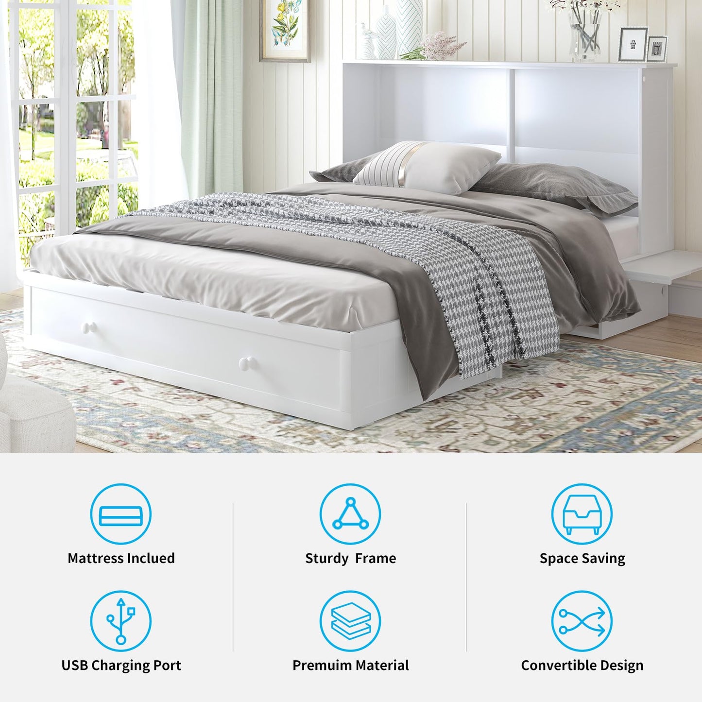 Mjkone Murphy Bed Chest, Cabinet Bed with Trifold Foam Mattress, Queen Murphy Cube Cabinet Bed with USB Charging Station and Large Storage Drawers for Living Room/Bedroom/Office (White)