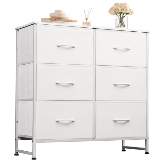 WLIVE Fabric Dresser for Bedroom, 6 Drawer Double Dresser, Storage Tower with Fabric Bins, Chest of Drawers for Closet, Living Room, Hallway, White
