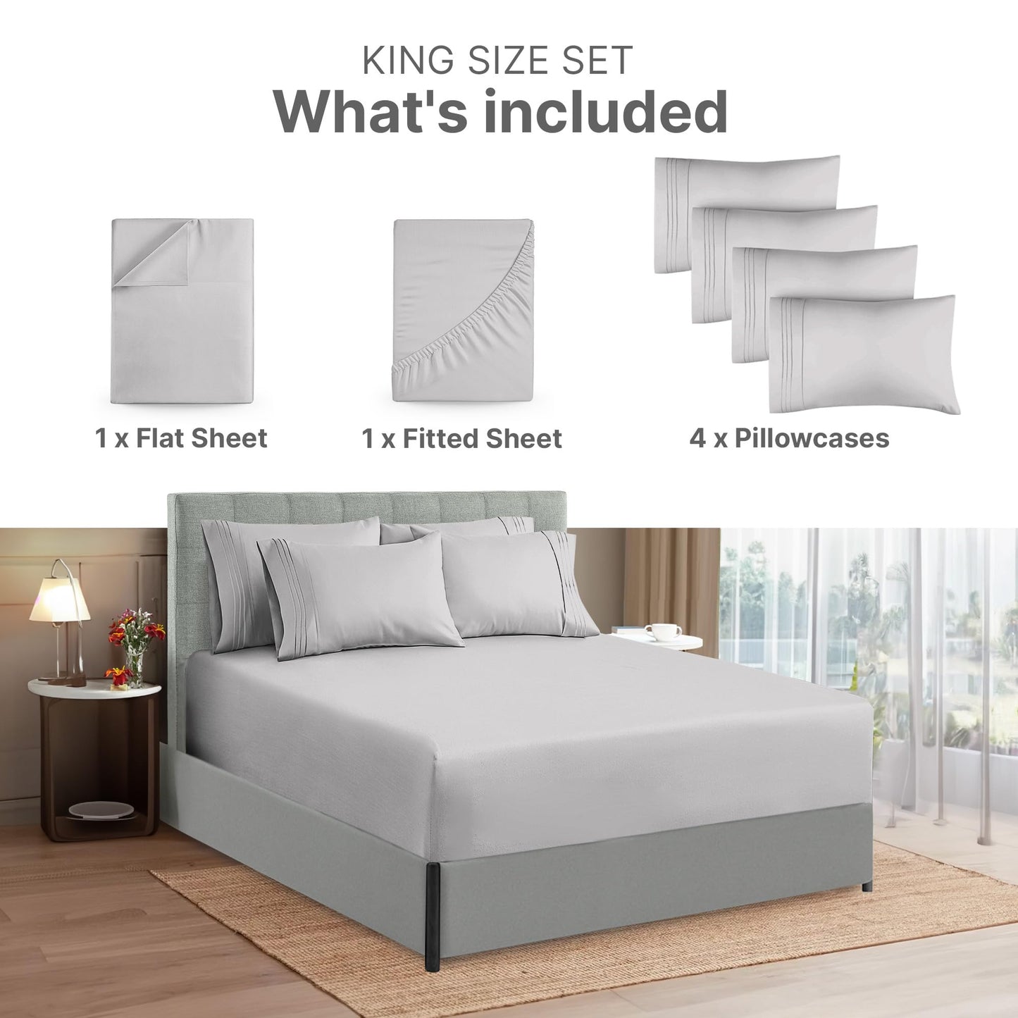 Extra Deep King Sheet Set - 6 Piece Breathable & Cooling Sheets - Hotel Luxury Bed Sheets Set - Easy Fit - Soft, Wrinkle Free & Comfy Sheets Set - Light Grey Sheet Set w/Extra Deep Pockets