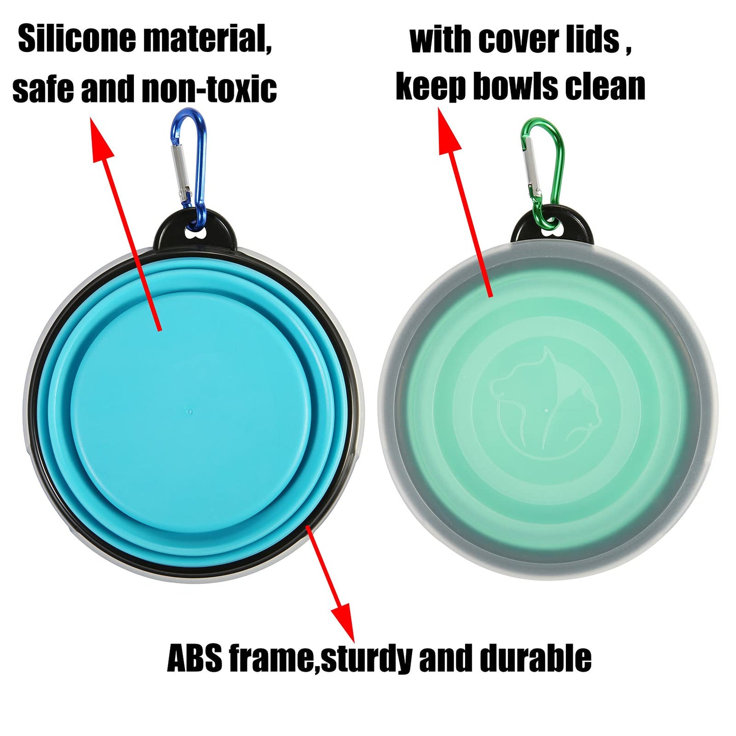 SLSON Collapsible Bowl with Cover Lids,2 Pack Dog Travel Bowls Portable Foldable Cat Water Dish Bowl for Pets Walking Parking Camping (Light Blue and Green, Small)