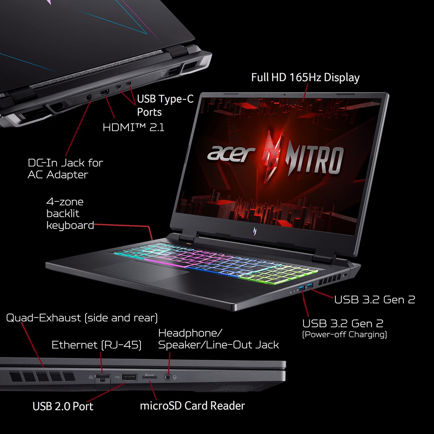 Acer Nitro 17 Gaming Laptop AMD Ryzen 7 7840HS Octa-Core CPU 17.3" FHD 165Hz IPS Display NVIDIA GeForce RTX 4050 16GB DDR5 1TB SSD Wi-Fi 6E RGB Backlit KB AN17-41-R6L9