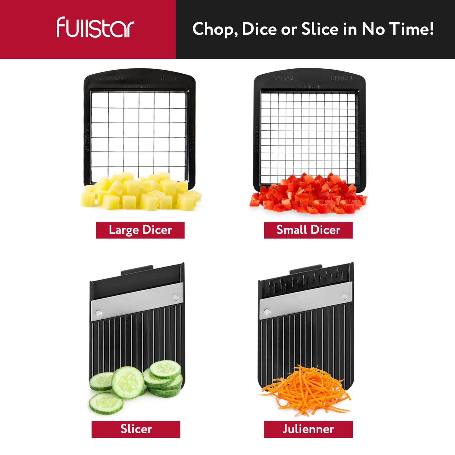 Fullstar All-in-1 Vegetable Chopper, Mandoline Slicer & Cheese Grater - Multi Blade French Fry Cutter & Veggie Dicer - Includes Bonus Handheld Spiralizer & Kitchen Gadgets (4 in 1, Black)