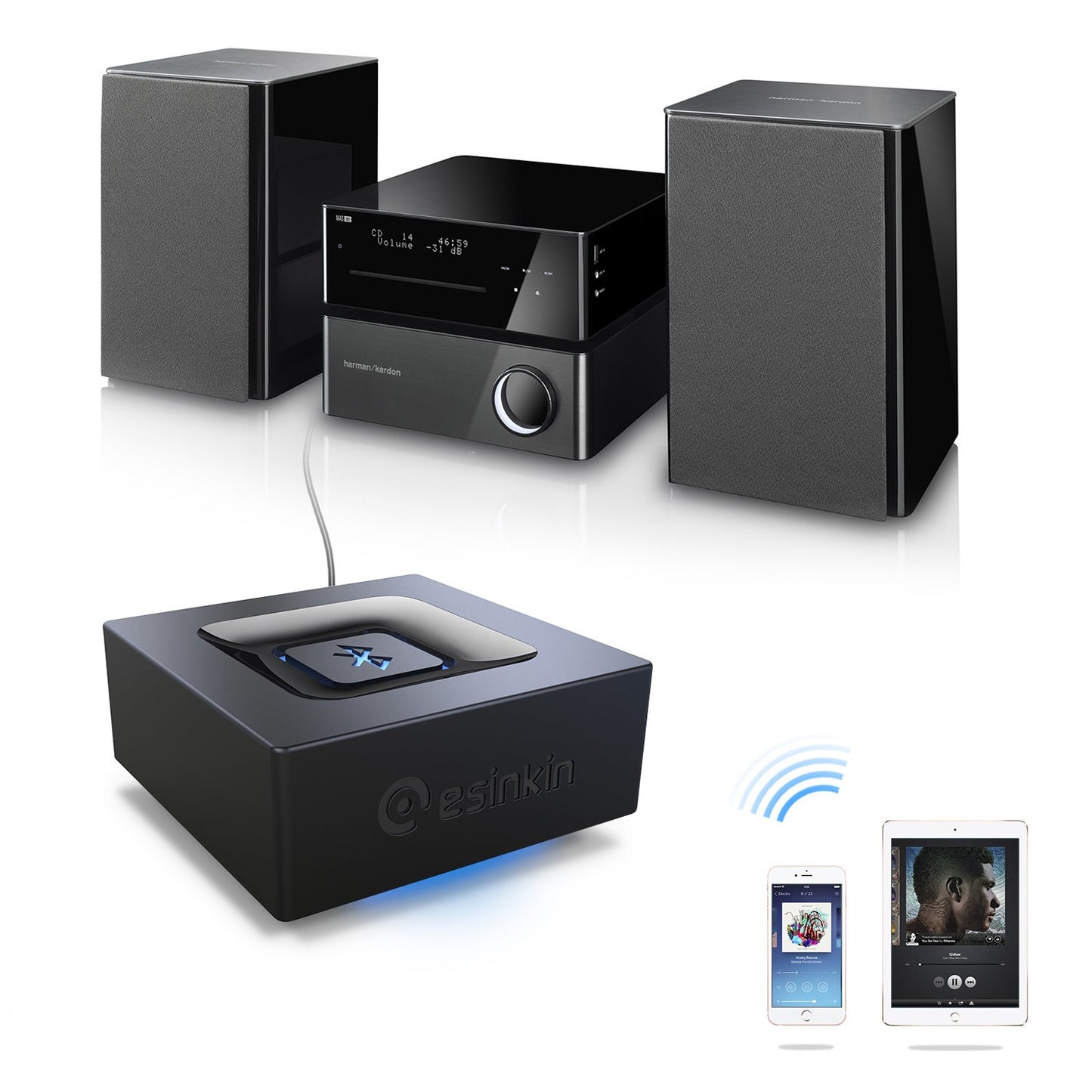 esinkin Bluetooth Audio Adapter for Music Streaming Sound System, Wireless Audio Adapter Works with Smartphones and Tablets, Wireless Adapter for Speakers