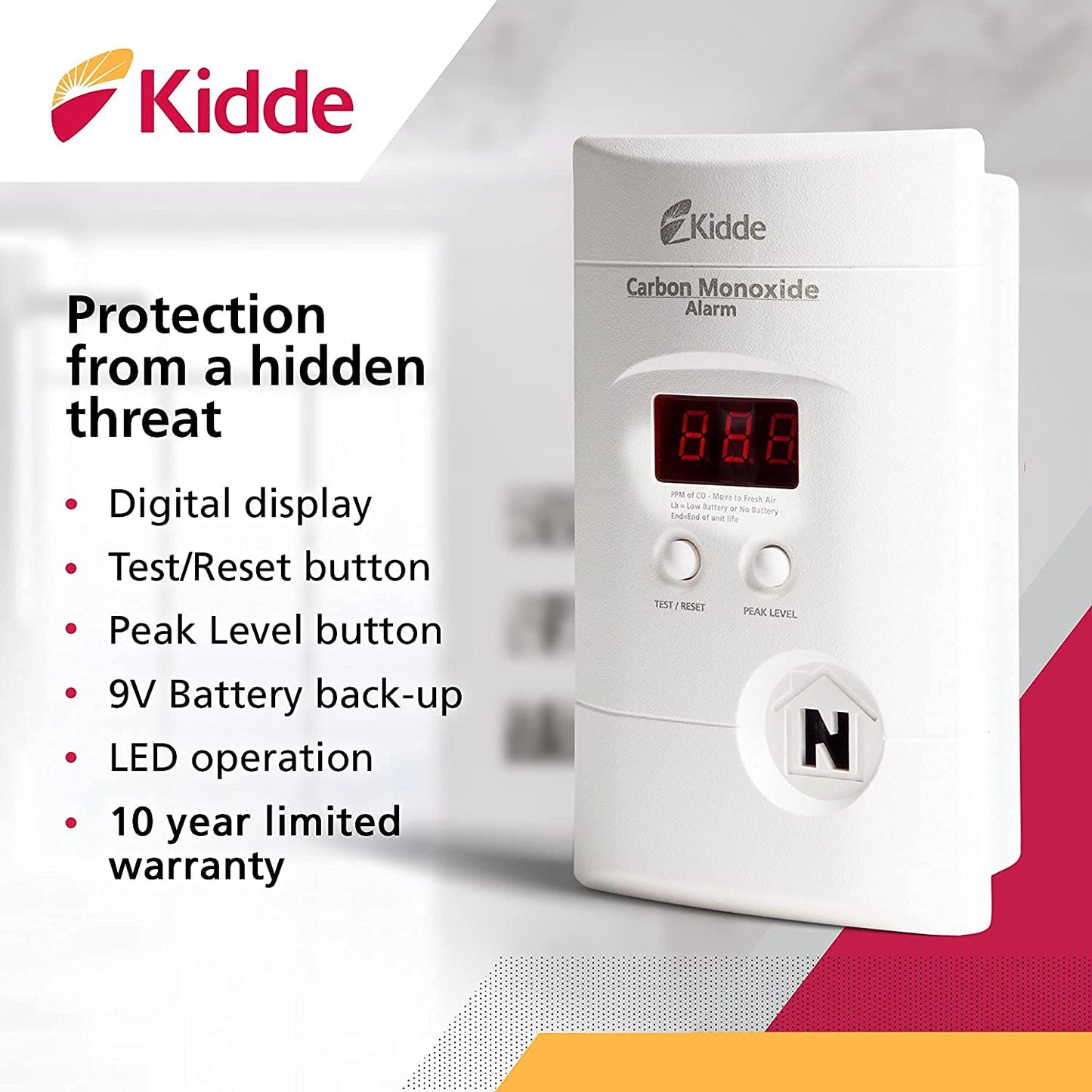 Kidde Carbon Monoxide Detector, Plug In Wall with 9-Volt Battery Backup, Digital LED Display