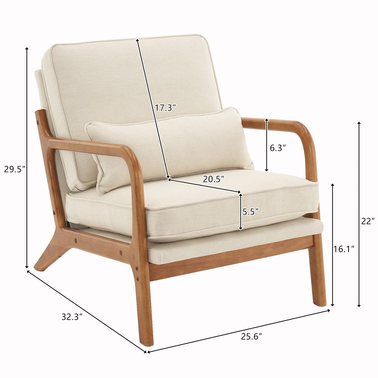 Karl home Accent Chair Set Mid-Century Modern Chair with Pillow Upholstered Lounge Arm Chair with Solid Wood Frame & Soft Cushion for Living Room, Bedroom, Belcony, Beige