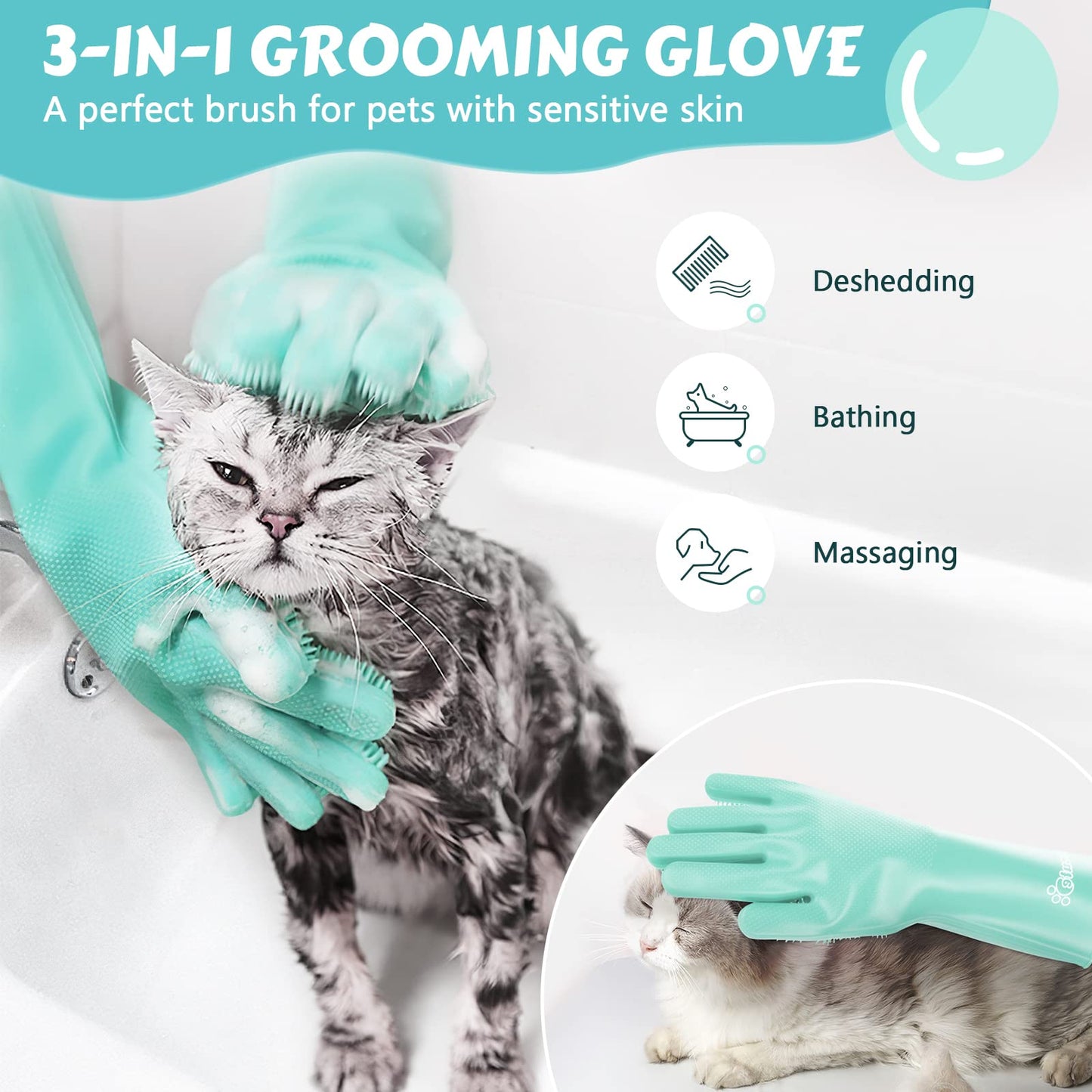 Pecute Pet Grooming Gloves, Heat Resistant Cat Bathing Gloves with High-Density Teeth, Silicone Dog Bathing Gloves with Enhanced Five Finger Design, Bathing and Massaging for Dogs and Cats