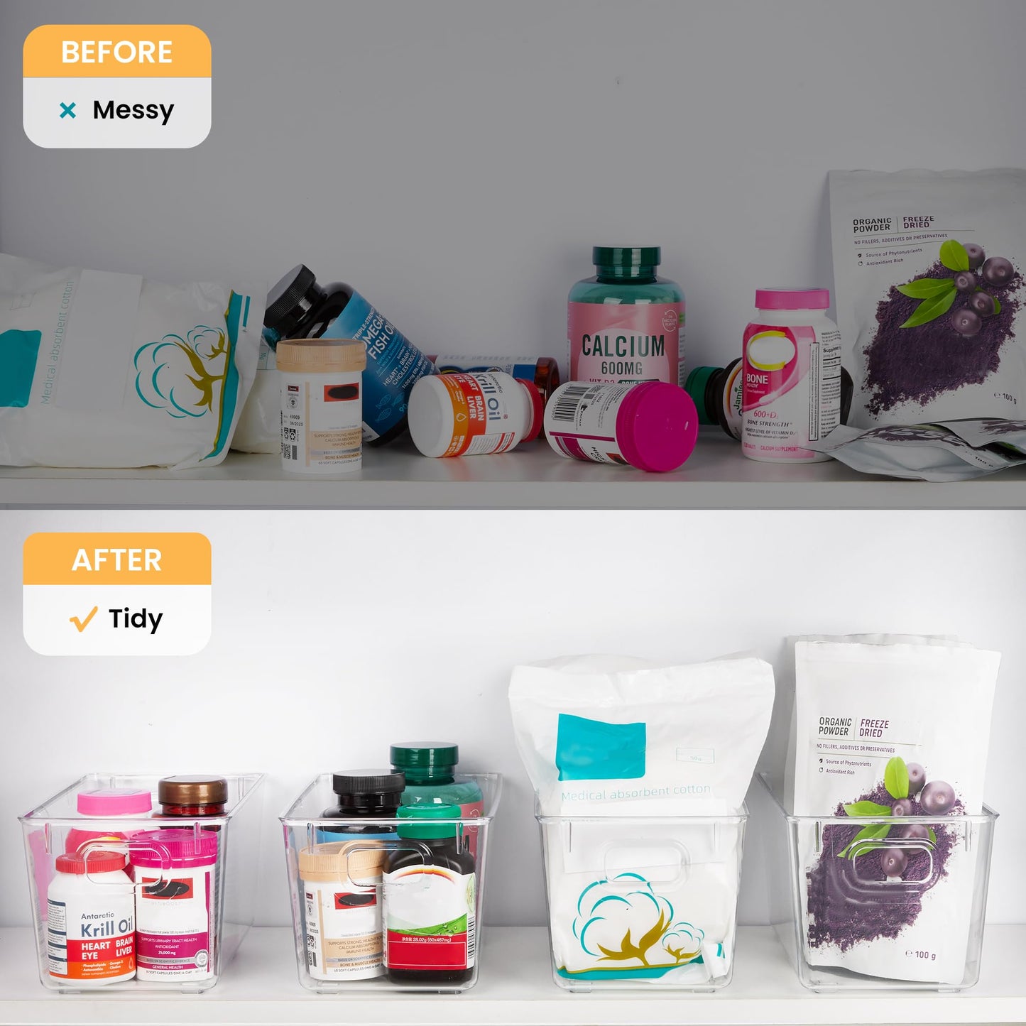 YIHONG Clear Small Pantry Storage Organizer Bins, 4 Pack Plastic Food Storage Bins with Handle for Kitchen,Refrigerator, Freezer,Cabinet,Drawer Organization