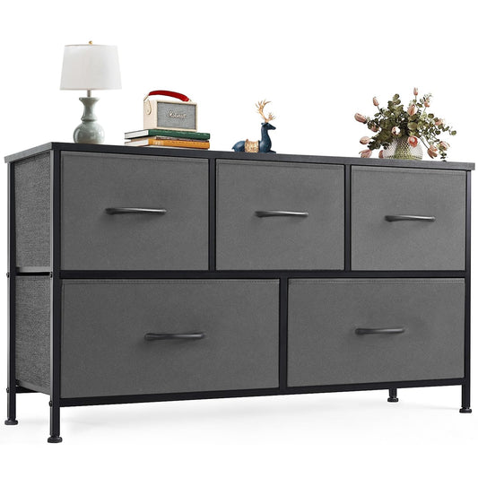 OLIXIS Dresser Storage with 5 Organizer Closet Chest Small Clothes Fabric Cabinet, Kids Furniture Drawer Binis, Nightstand for Bedroom, Living Room, Nursery, Entryway, Grey