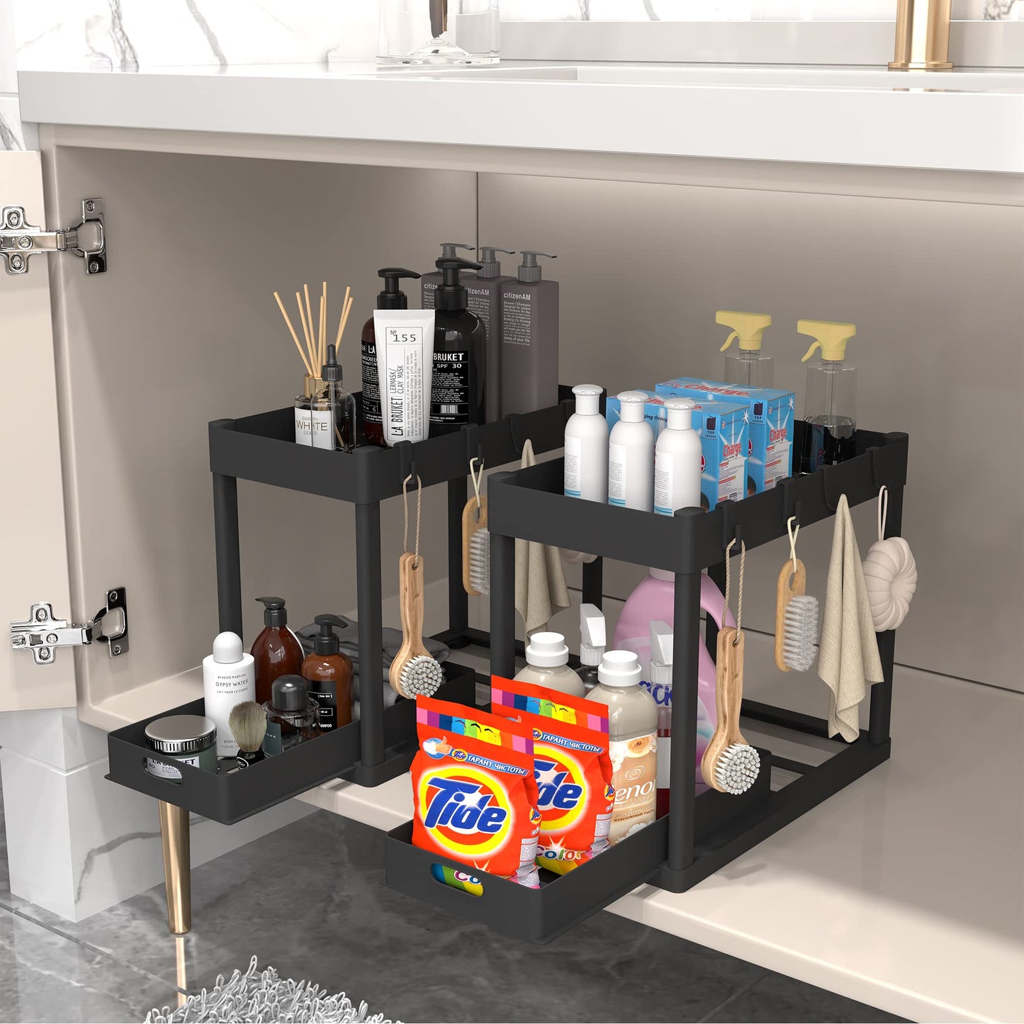 POUGNY 2PC Under Sink Organizer Rack 2 Tier Under Sliding Cabinet Basket Organizer Drawer with 4 Hooks, Multi-purpose Under Sink Storage for Bathroom Kitchen Desktop(Black)