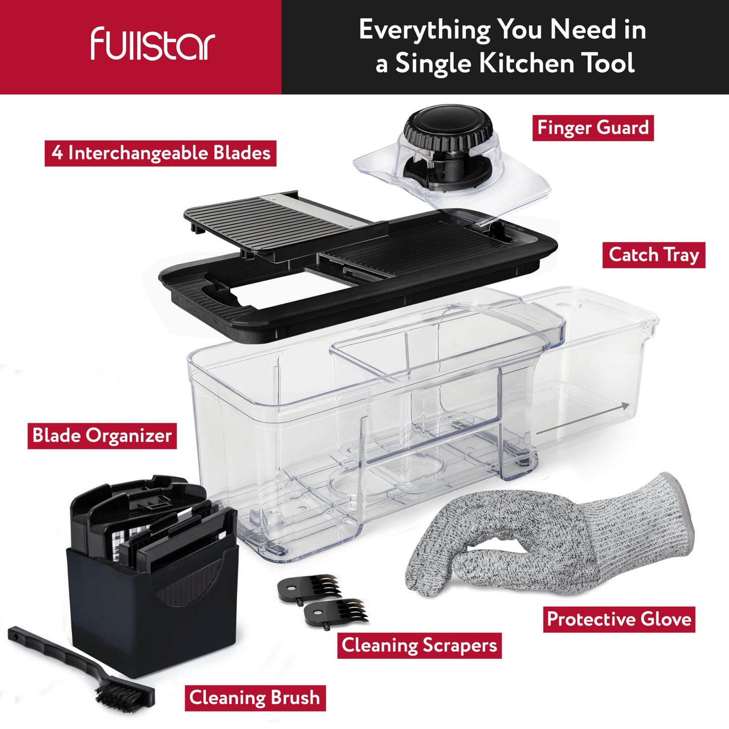 Fullstar All-in-1 Vegetable Chopper, Mandoline Slicer & Cheese Grater - Multi Blade French Fry Cutter & Veggie Dicer - Includes Bonus Handheld Spiralizer & Kitchen Gadgets (4 in 1, Black)