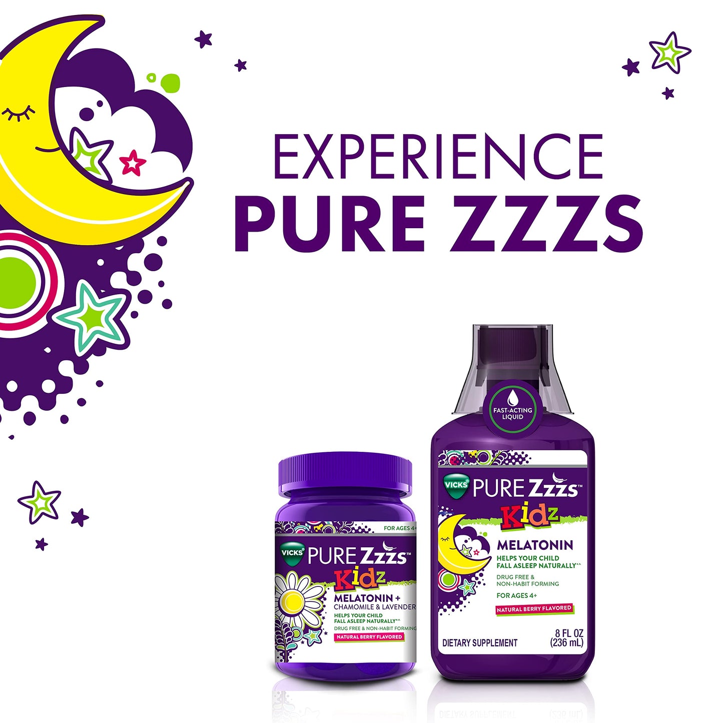 VICKS PURE Zzzs Kidz, Melatonin Sleep Aid Gummies for Kids and Children, Helps Your Child Fall Asleep Naturally, Low Dose Melatonin, 72 Gummies