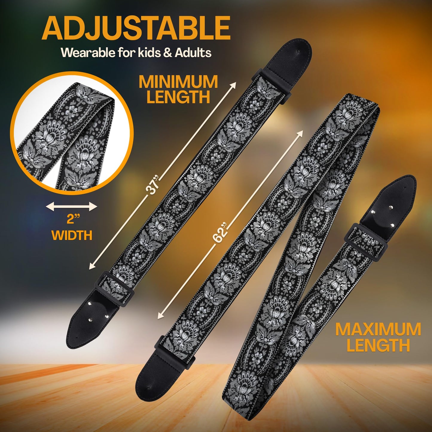 Art Tribute Guitar Strap Royal Black Silver Woven W/FREE BONUS- 2 Picks + Strap Locks + Strap Button For Bass, Electric & Acoustic Guitar. Best Gift for Men & Women Guitar Players