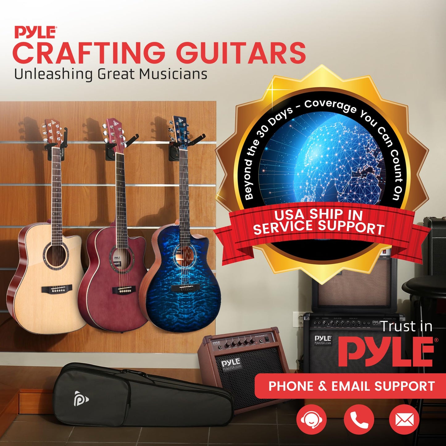 Pyle Beginner Acoustic Guitar Kit, 3/4 Junior Size Instrument for Kids, Adults, 36" Black gloss