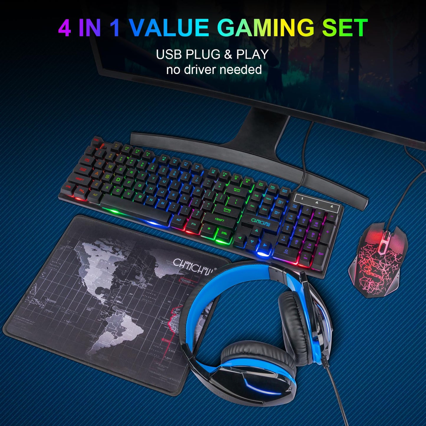 Gaming LED Keyboard Mouse Headset and Mousepad Bundle, CHONCHOW Wired Rainbow LED Light Up Gaming Keyboard Mouse Headset, Value 4 in 1 Gaming Set for Xbox PS4 PS5 PC Laptop Gamer