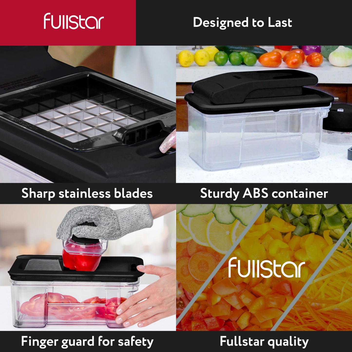 Fullstar All-in-1 Vegetable Chopper, Mandoline Slicer & Cheese Grater - Multi Blade French Fry Cutter & Veggie Dicer - Includes Bonus Handheld Spiralizer & Kitchen Gadgets (4 in 1, Black)