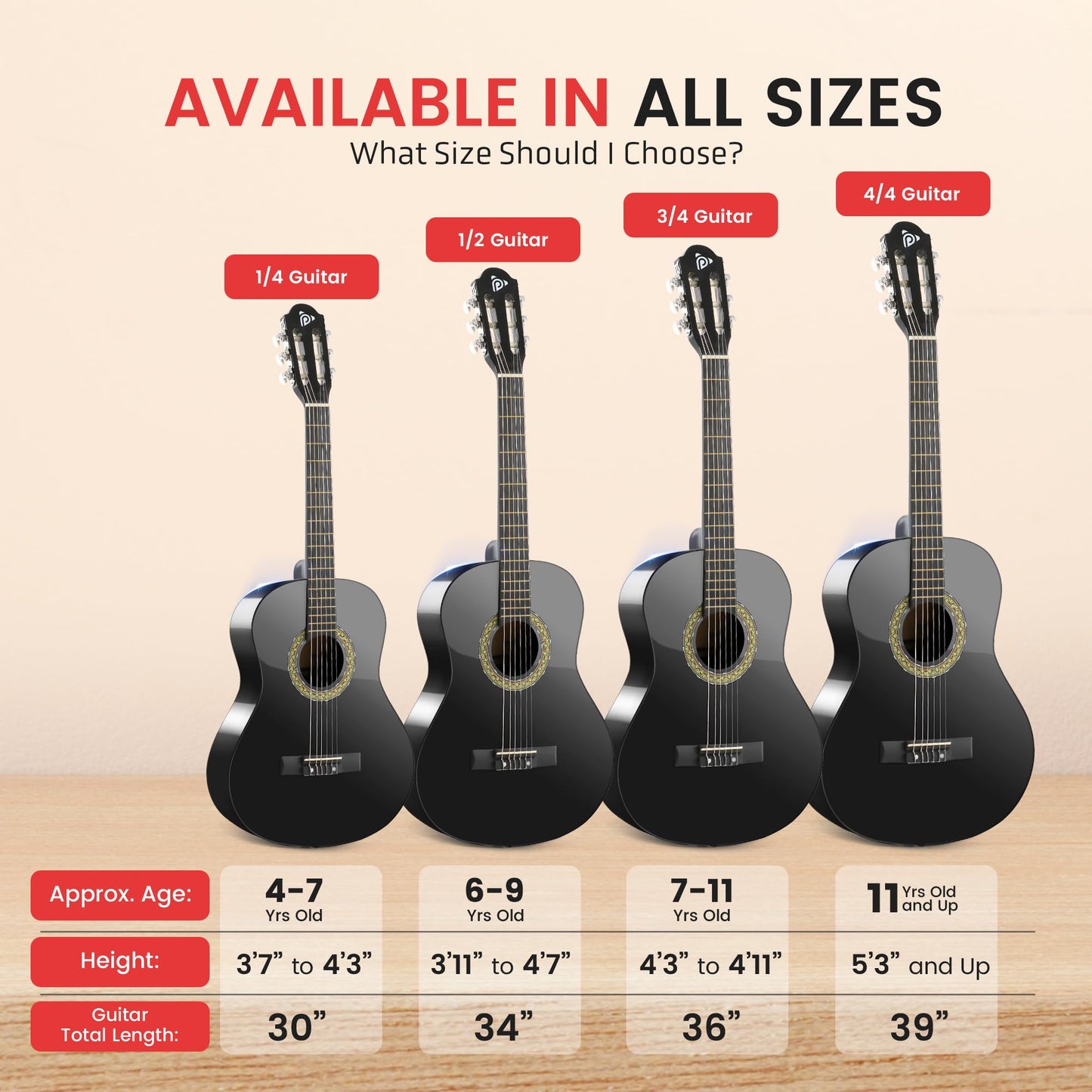 Pyle Beginner Acoustic Guitar Kit, 3/4 Junior Size Instrument for Kids, Adults, 36" Black gloss