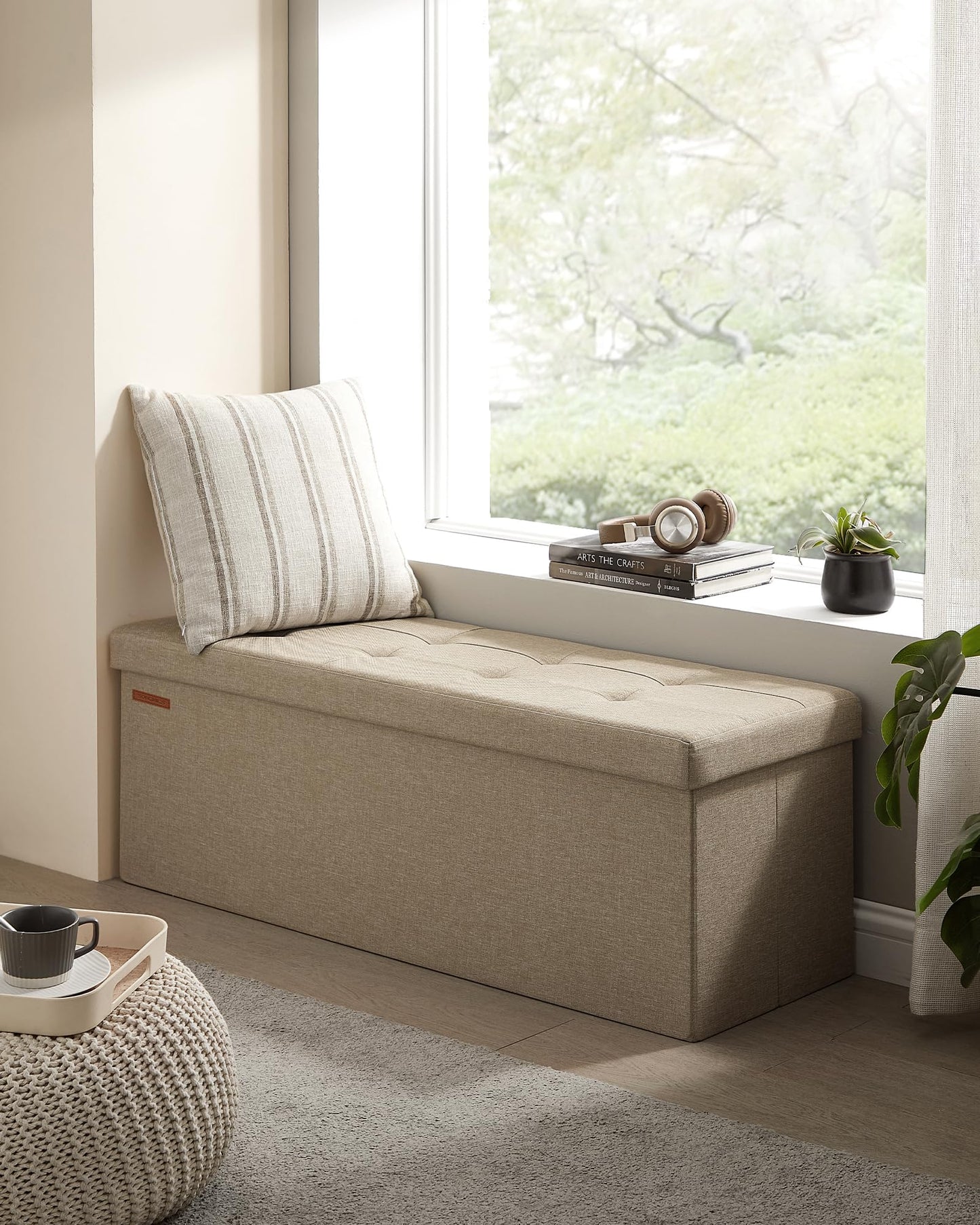 SONGMICS 43 Inches Folding Storage Ottoman Bench, Storage Chest, Foot Rest Stool, Bedroom Bench with Storage, Light Taupe ULSF077R01