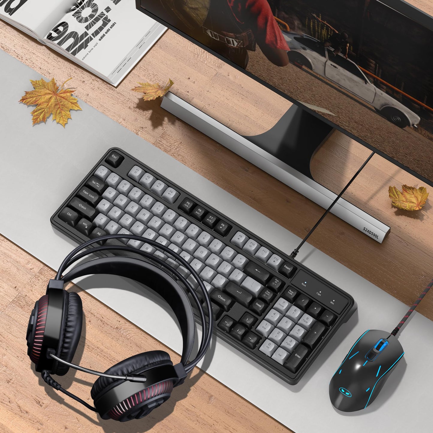 MageGee RGB Gaming Keyboard and Mouse Combo Headset,GK980 Wired Backlit Keyboard and Black Gaming Mouse Combo,PC Keyboard and Adjustable DPI Mouse for PC/loptop/MAC(Black Grey)…