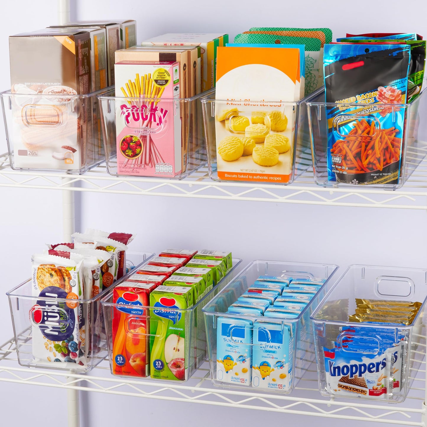 YIHONG Clear Small Pantry Storage Organizer Bins, 4 Pack Plastic Food Storage Bins with Handle for Kitchen,Refrigerator, Freezer,Cabinet,Drawer Organization