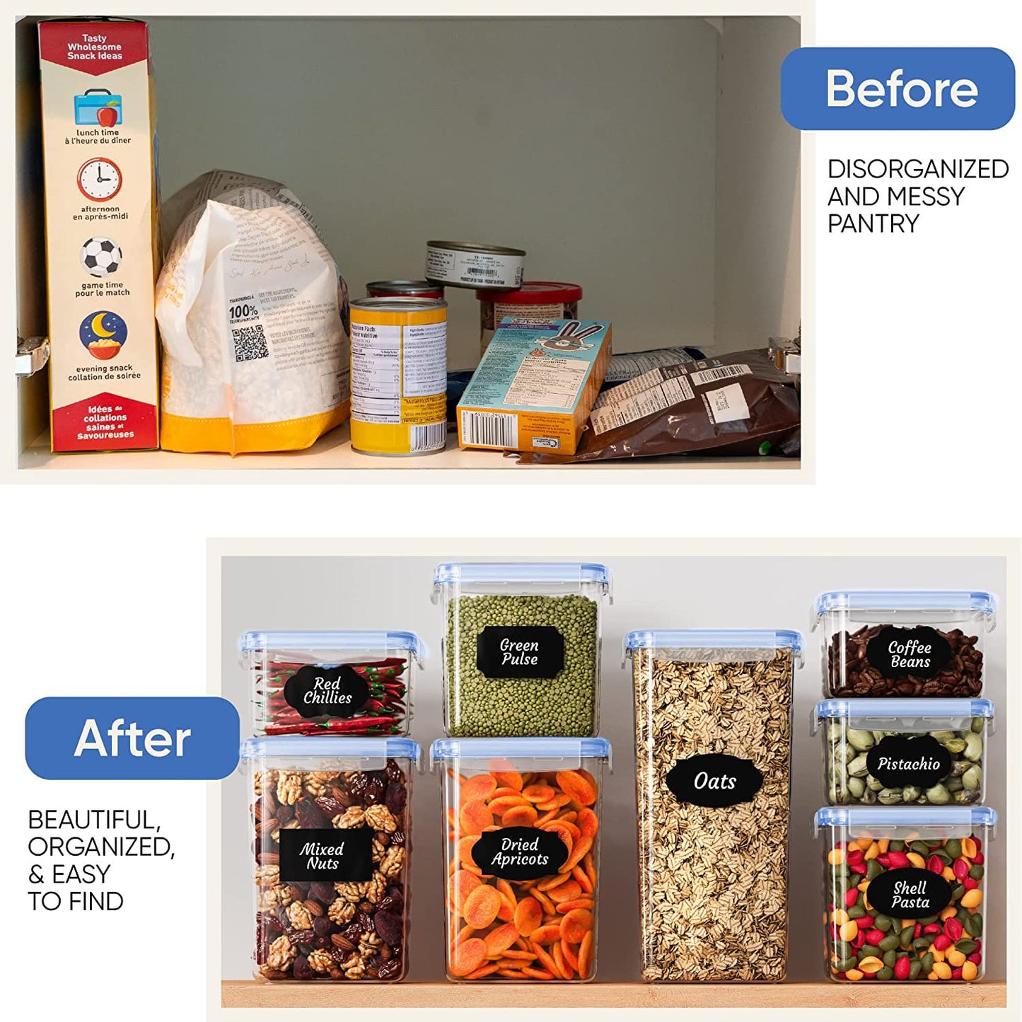 Chef's Path Premium Pasta Containers with Lids for Kitchen & Pantry Organization - BPA Free Variety Plastic Containers for Dry Food Storage & Other Pantry Needs for Food - 14 Pack Blue