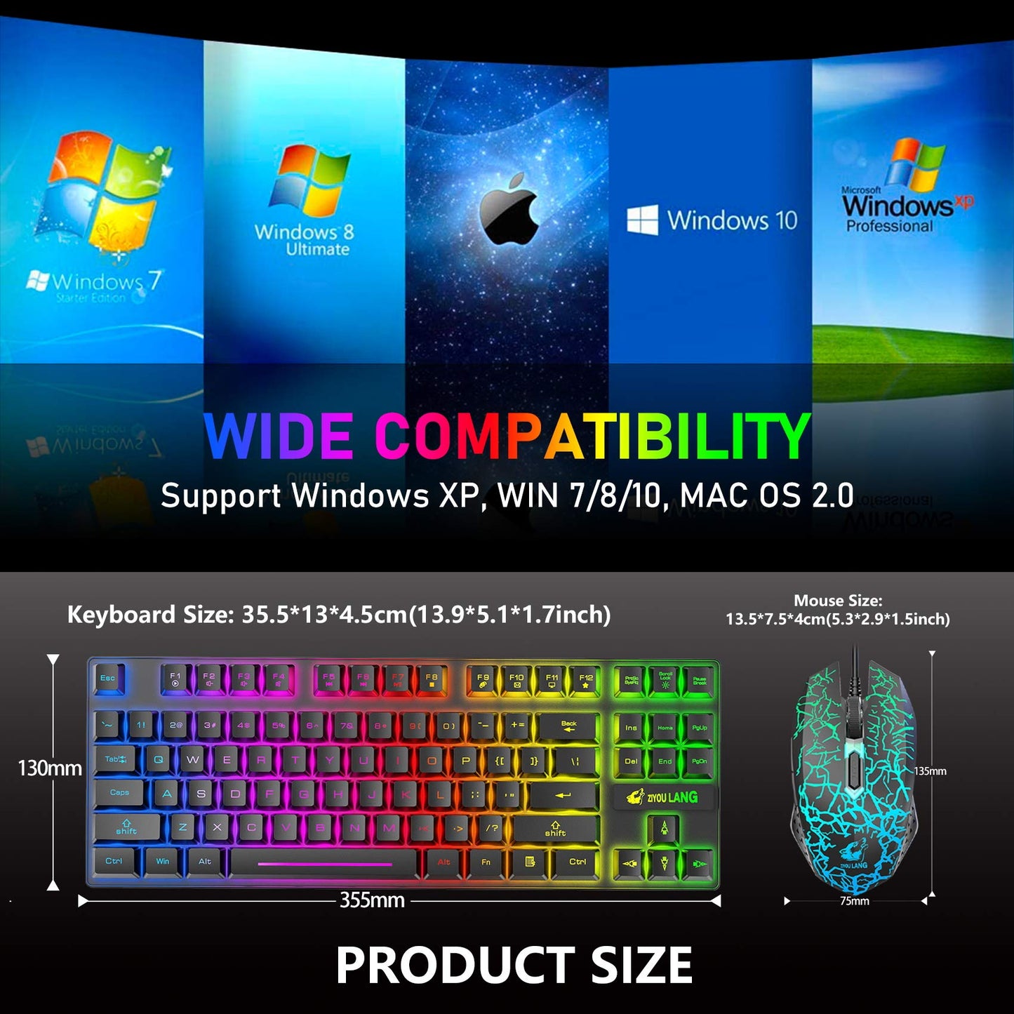 Wireless Gaming Keyboard and Mouse Combo with 87 Key Rainbow LED Backlight Rechargeable 3800mAh Battery Mechanical Feel Anti-ghosting Ergonomic Waterproof RGB Mute Mice for Computer PC Gamer (Black)
