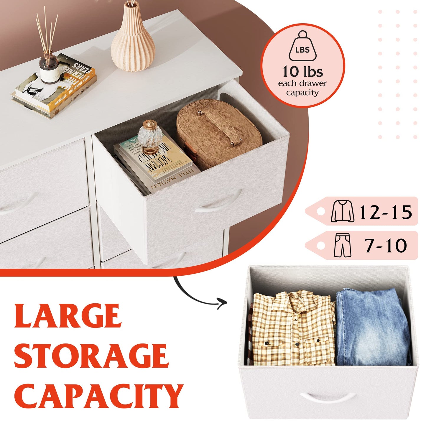 WLIVE Fabric Dresser for Bedroom, 6 Drawer Double Dresser, Storage Tower with Fabric Bins, Chest of Drawers for Closet, Living Room, Hallway, White