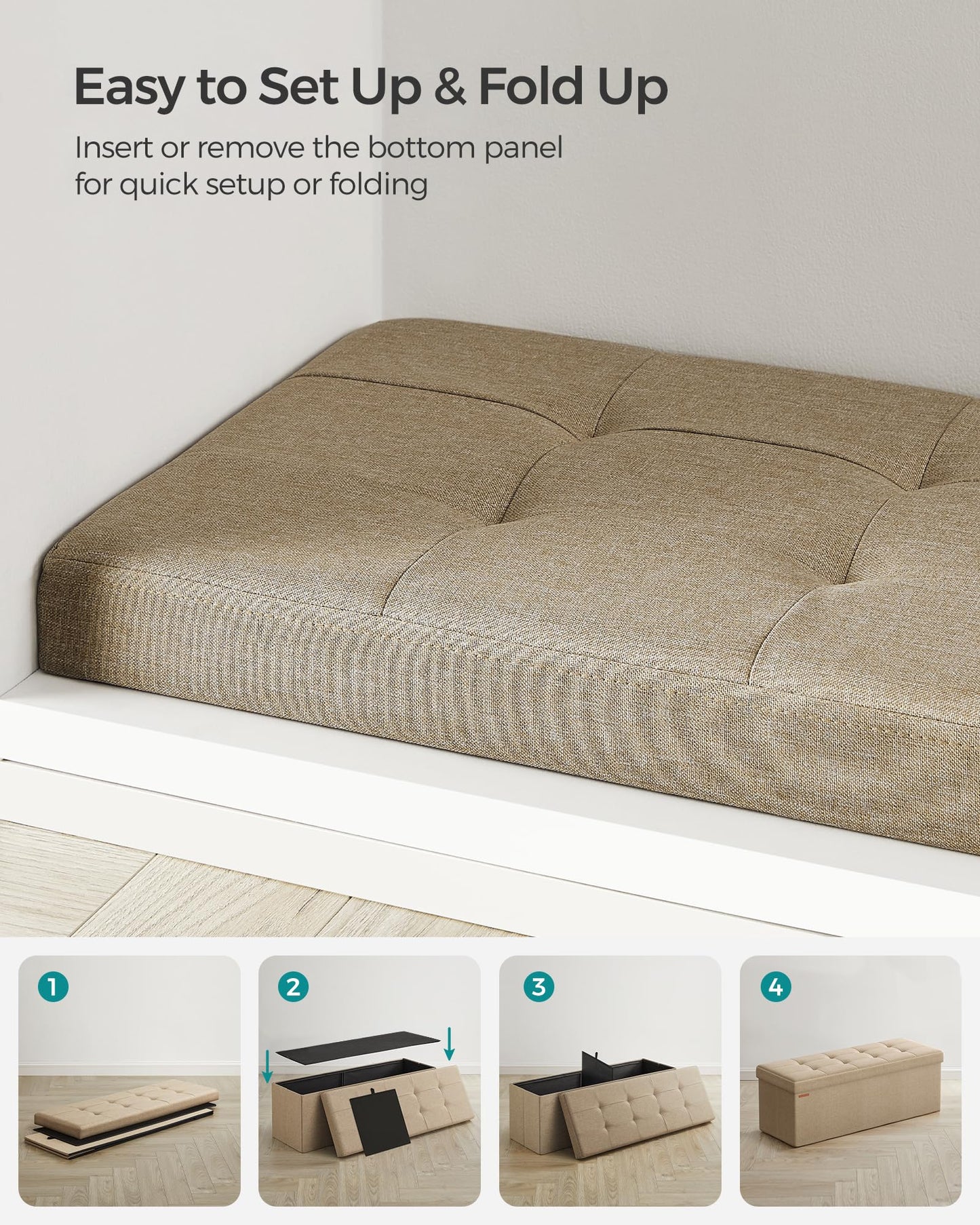 SONGMICS 43 Inches Folding Storage Ottoman Bench, Storage Chest, Foot Rest Stool, Bedroom Bench with Storage, Light Taupe ULSF077R01