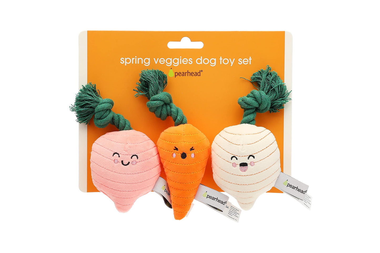 Pearhead Spring Garden Veggies Dog Toys, Radish, Carrot and Turnip Squeaky Rope Toys, Gift for Pet Parents, Vegetable Plush Dog Toys, Set of 3