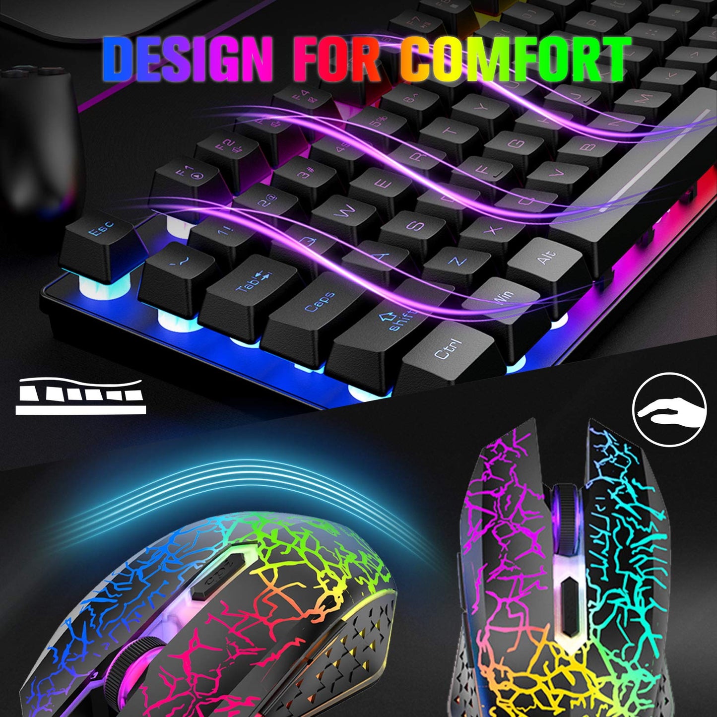 Wireless Gaming Keyboard and Mouse Combo with 87 Key Rainbow LED Backlight Rechargeable 3800mAh Battery Mechanical Feel Anti-ghosting Ergonomic Waterproof RGB Mute Mice for Computer PC Gamer (Black)