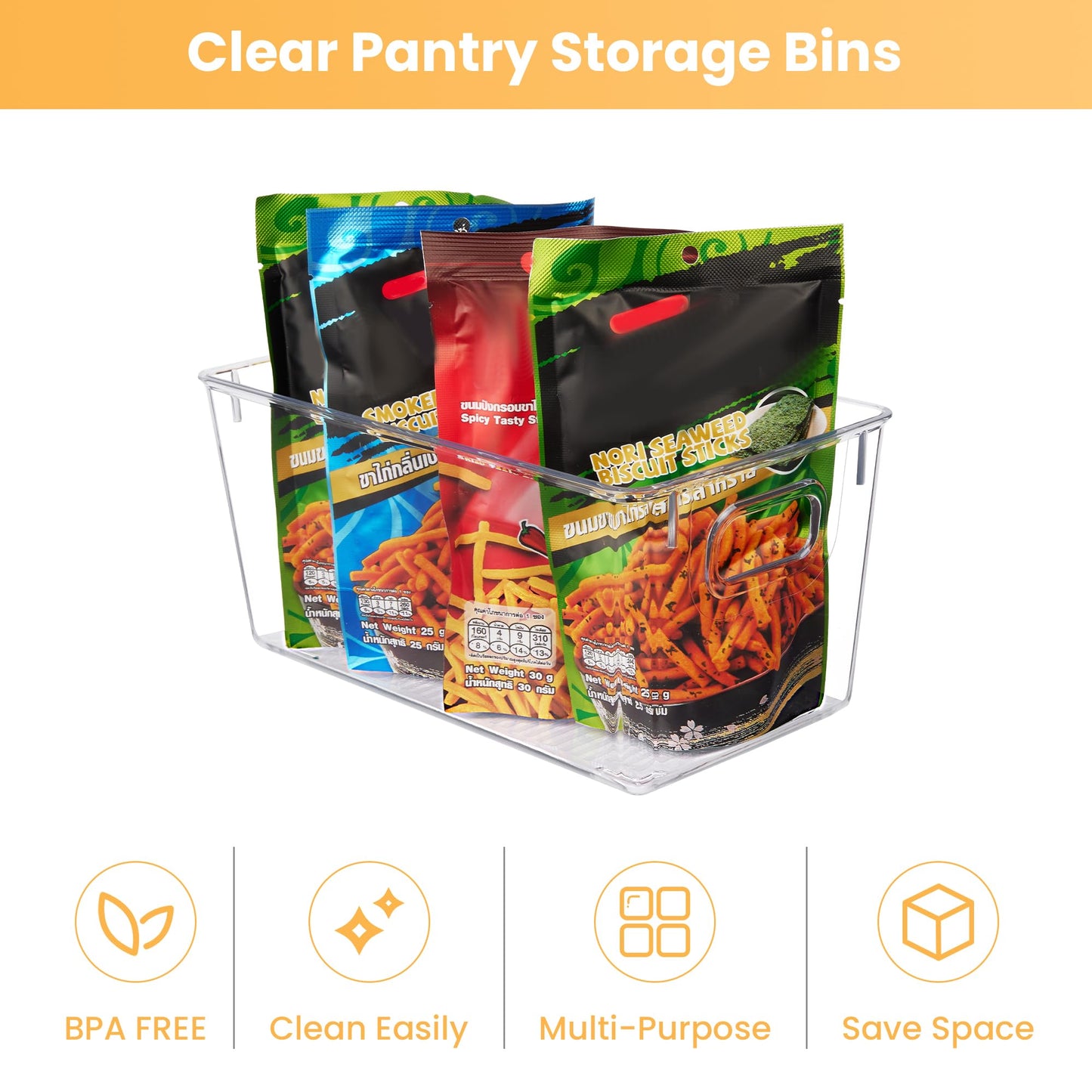 YIHONG Clear Small Pantry Storage Organizer Bins, 4 Pack Plastic Food Storage Bins with Handle for Kitchen,Refrigerator, Freezer,Cabinet,Drawer Organization