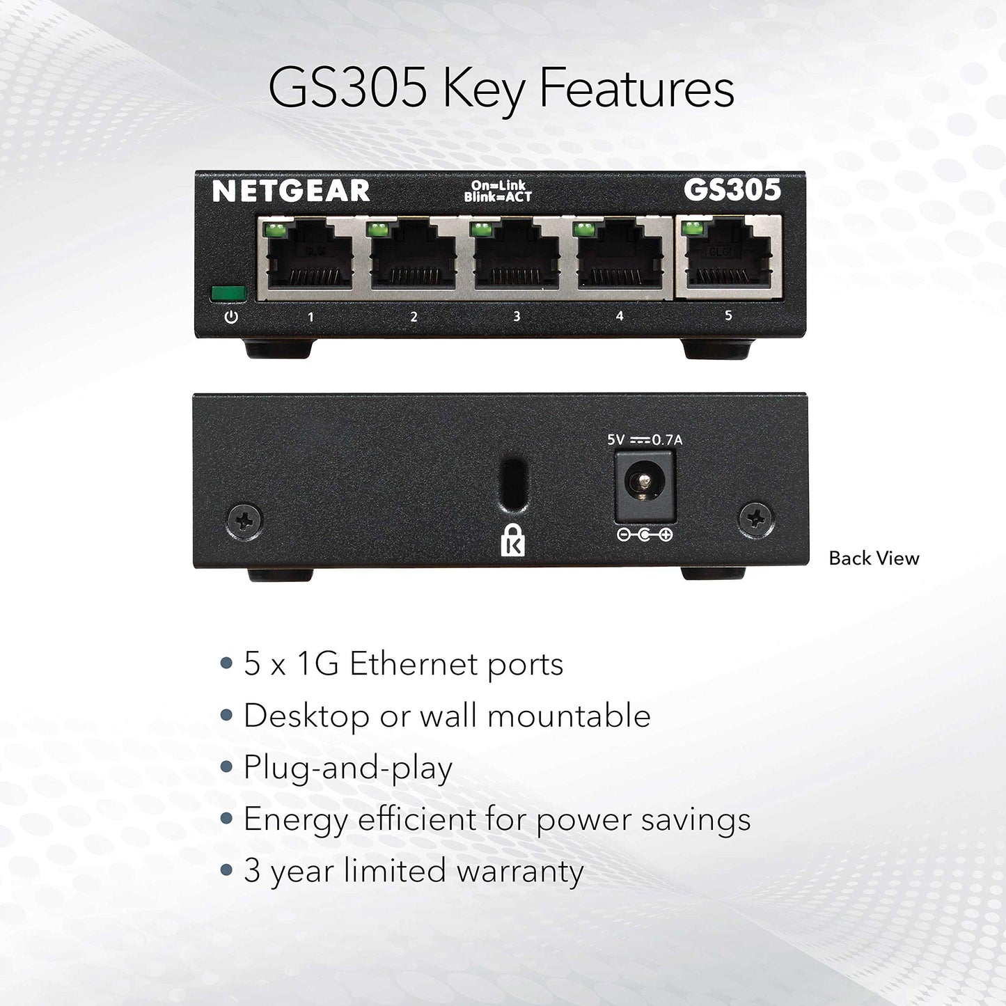 NETGEAR 5-Port Gigabit Ethernet Unmanaged Switch (GS305) - Home Network Hub, Office Ethernet Splitter, Plug-and-Play, Silent Operation, Desktop or Wall Mount
