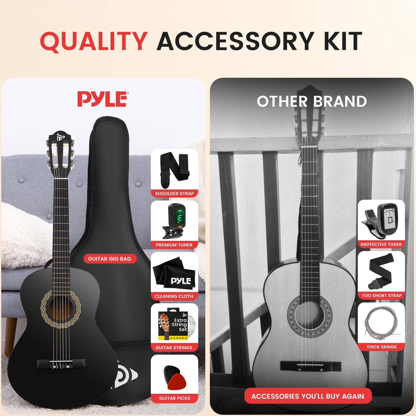 Pyle Beginner Acoustic Guitar Kit, 3/4 Junior Size Instrument for Kids, Adults, 36" Black gloss