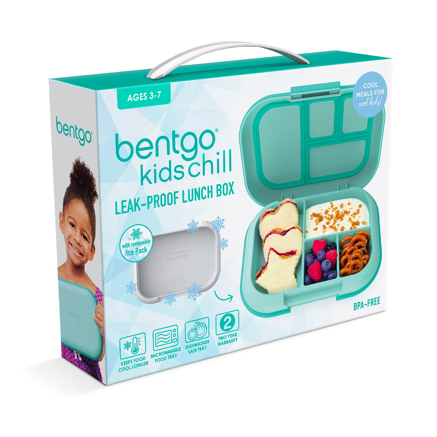 Bentgo® Kids Chill Lunch Box - Leak-Proof Bento Box with Removable Ice Pack & 4 Compartments for On-the-Go Meals - Microwave & Dishwasher Safe, Patented Design, & 2-Year Warranty (Aqua)