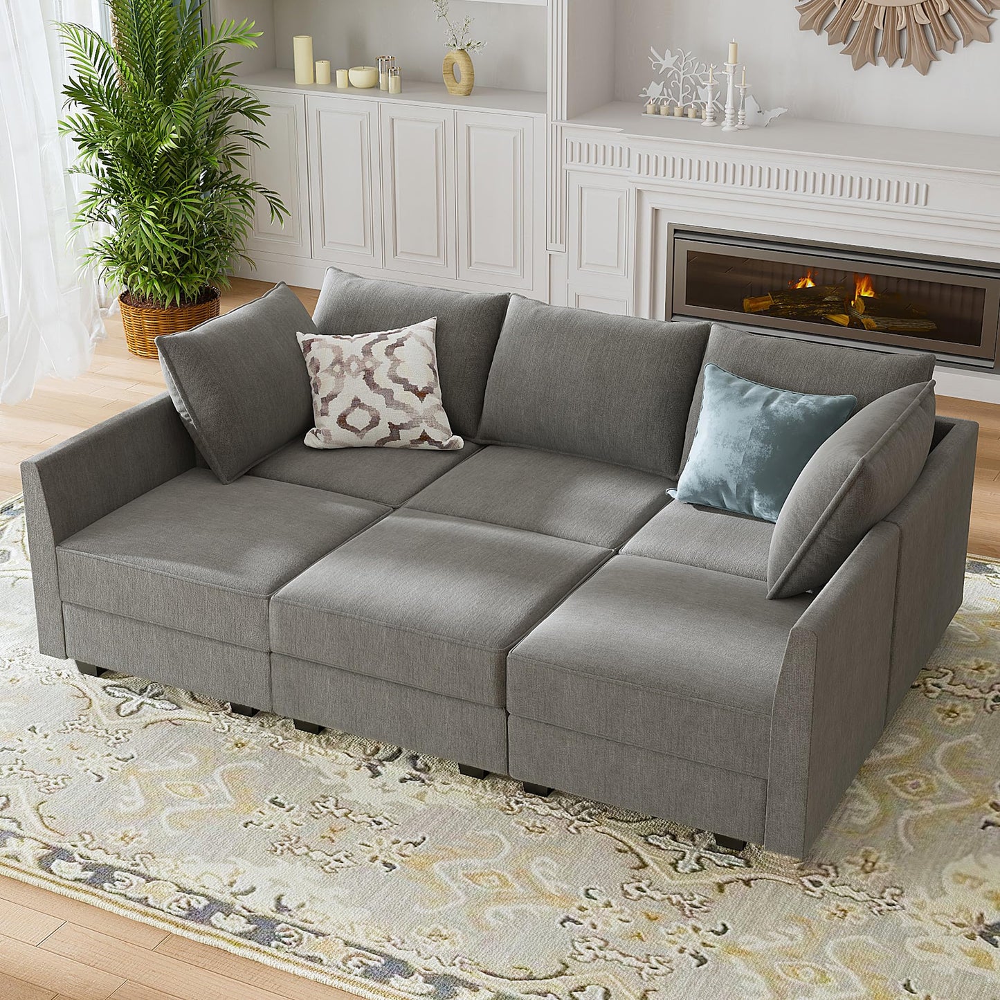 HONBAY Modular Sectional Sleeper Sofa Reversible Modular Couch with Storage Seats Modular Sleeper Sectional Sofa Bed for Living Room, Grey