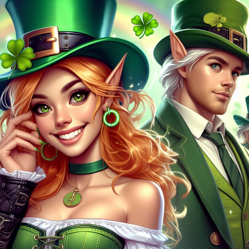 Two whimsical leprechaun characters, one male and one female, depicted in a playful style.