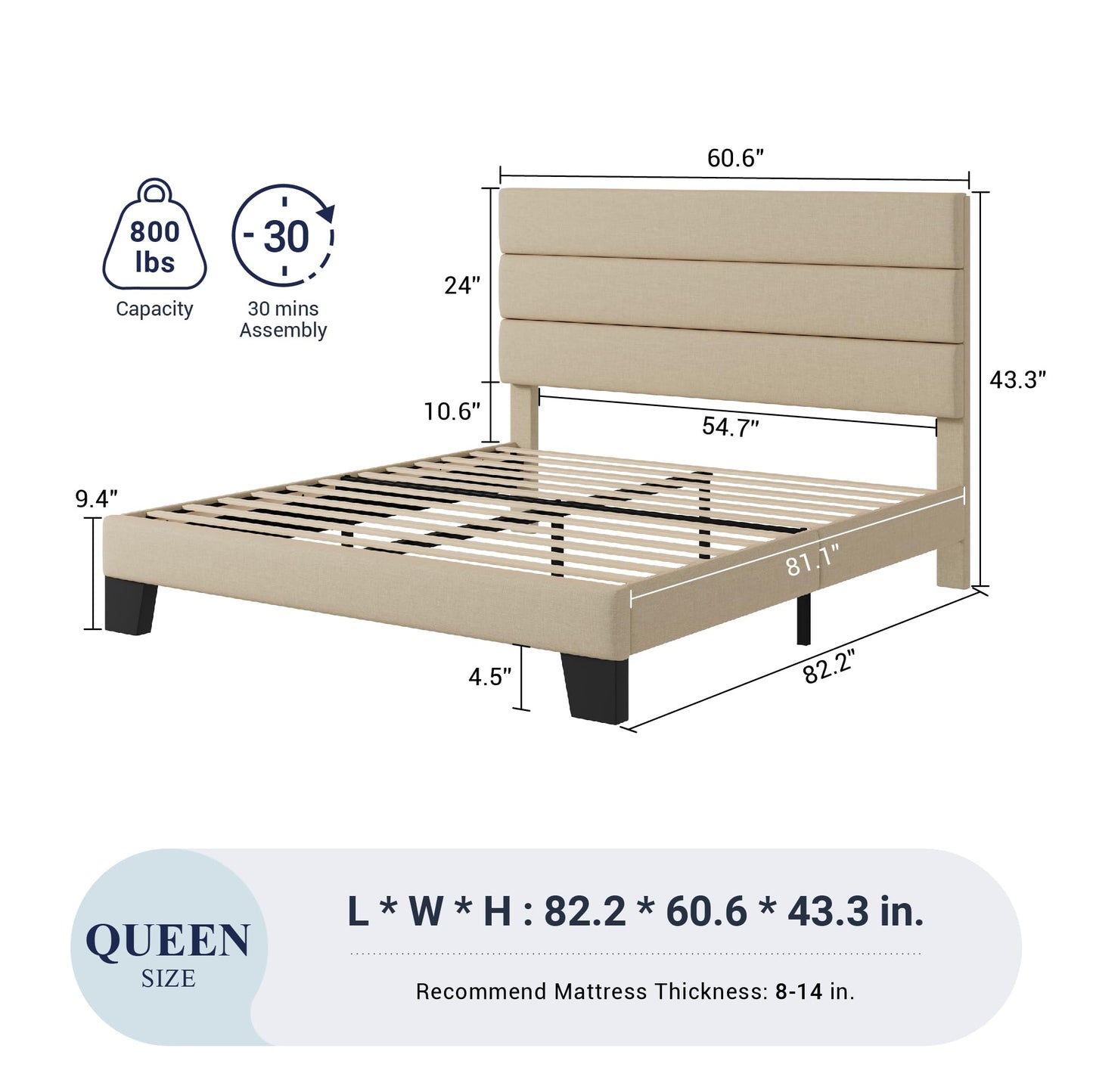 Allewie Queen Size Platform Bed Frame with Fabric Upholstered Headboard and Wooden Slats Support, Fully Upholstered Mattress Foundation/No Box Spring Needed/Easy Assembly, Beige