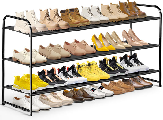 MISSLO 3-Tier Long Shoe Rack for Closet Shoe Organizer for Closet Floor Entryway Storage Stackable Wide Shoe Shelf Stores 24 Pairs of Men Sneakers, Black