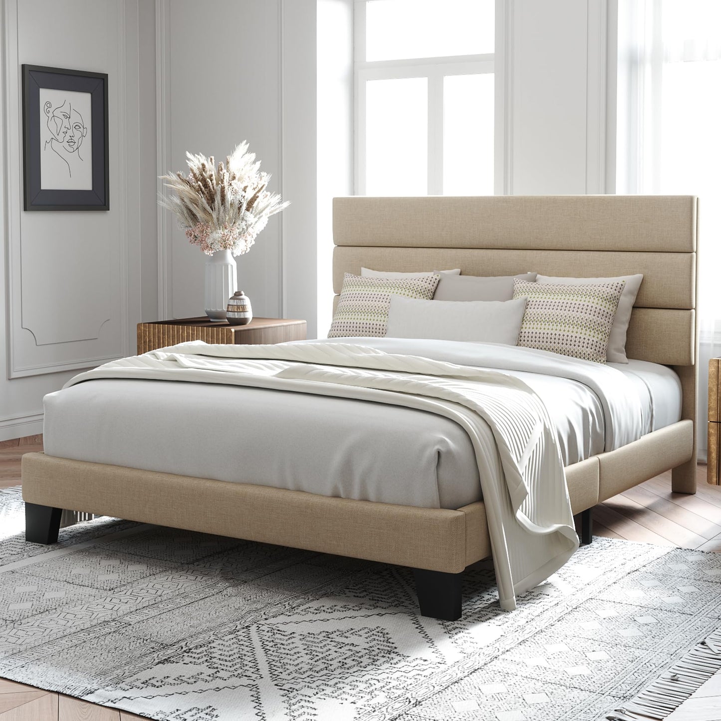 Allewie Queen Size Platform Bed Frame with Fabric Upholstered Headboard and Wooden Slats Support, Fully Upholstered Mattress Foundation/No Box Spring Needed/Easy Assembly, Beige