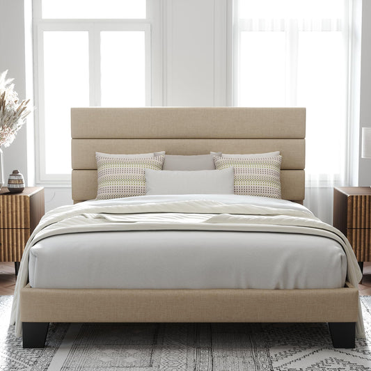 Allewie Queen Size Platform Bed Frame with Fabric Upholstered Headboard and Wooden Slats Support, Fully Upholstered Mattress Foundation/No Box Spring Needed/Easy Assembly, Beige